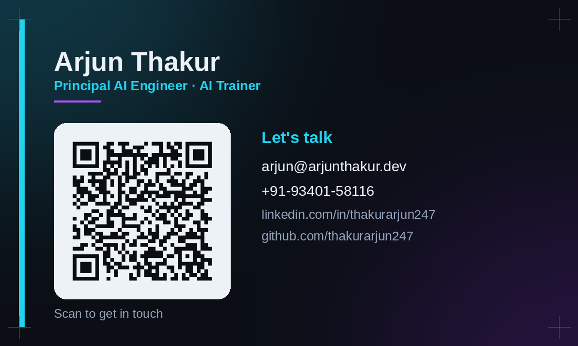 Arjun Thakur business card, back — QR code to arjunthakur.dev/contact, email arjun@arjunthakur.dev, and LinkedIn/GitHub links